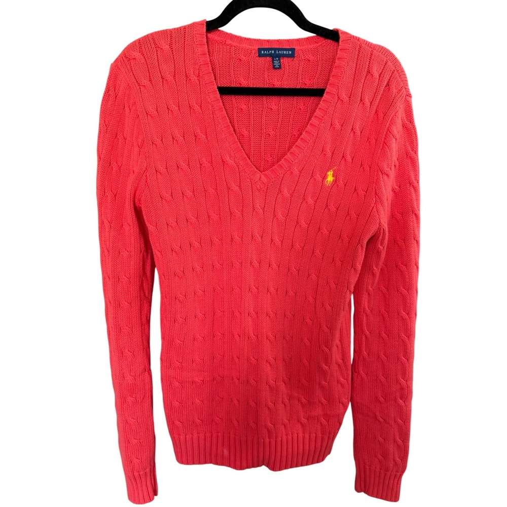 Ralph Lauren Cotton Cable Knit Sweater L Red Orange Ivy‎ League Preppy Old Money